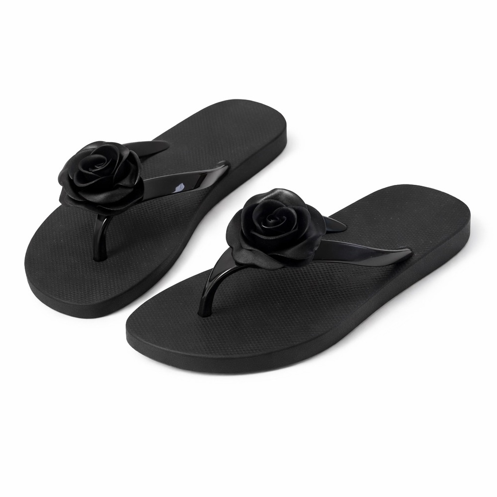 Black Flip Flops with Rose Detail